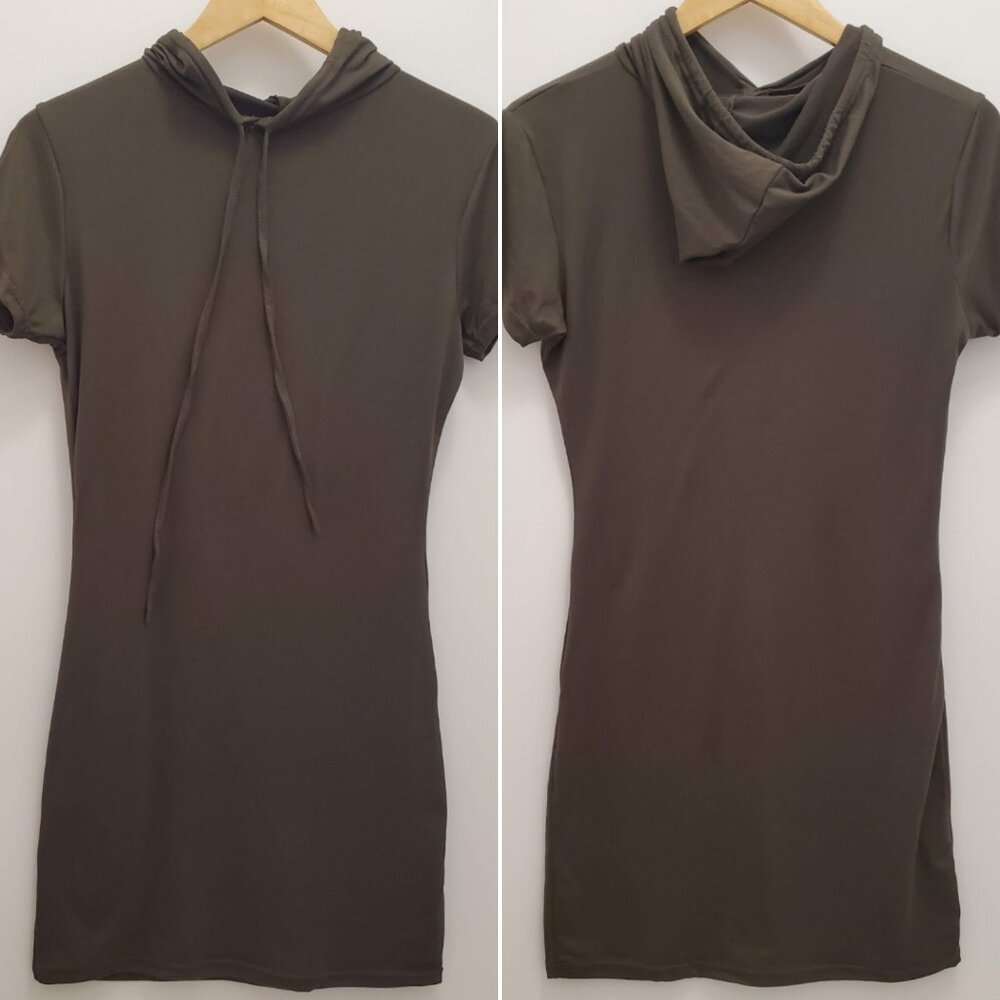 Lit 26 Olive Green Short Sleeved Hooded Athleisure Mini T-Shirt Dress - L